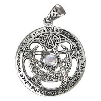 Sterling Silver Extra Large Cut Out Moon Pentacle Pendant with Rainbow Moonstone
