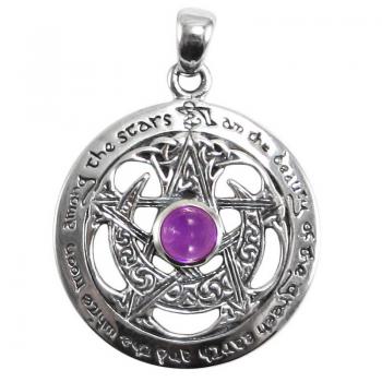 Sterling Silver Large Cut Out Moon Pentacle Pendant with Amethyst