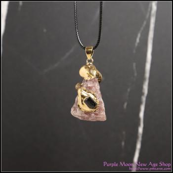 Crystal Pendant - Strawberry Quartz w/gold gilt Black Tourmaline