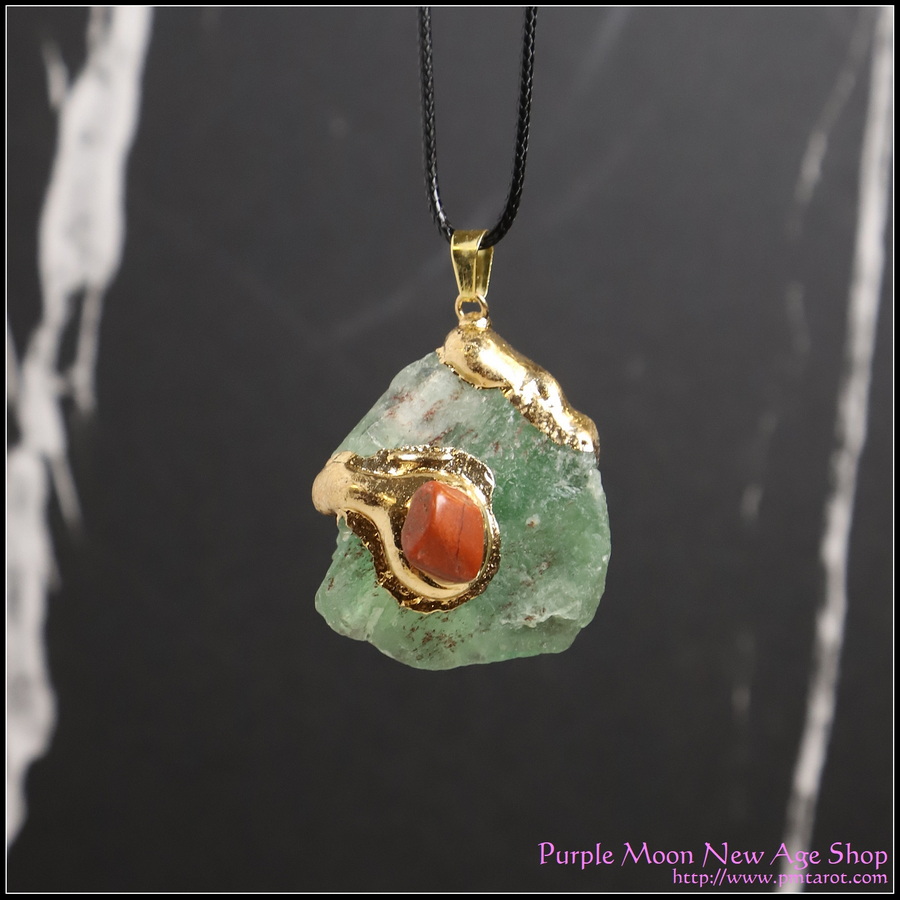 Crystal Pendant - Green Fluorite w/gold gilt Red Jasper