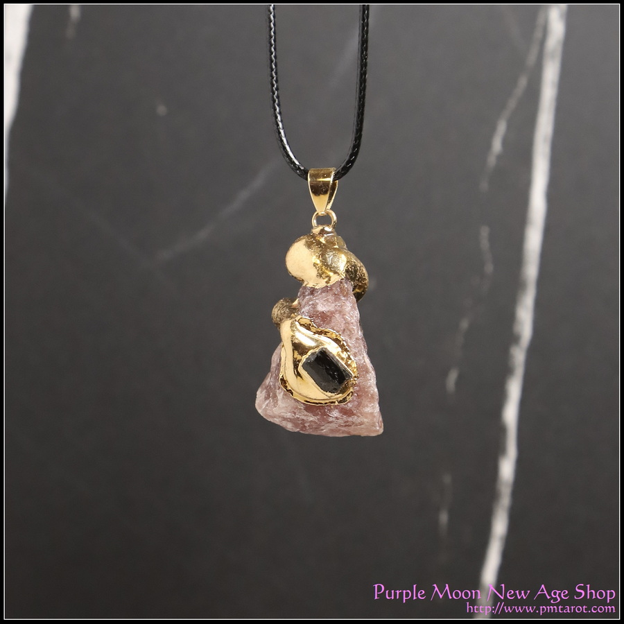 Crystal Pendant - Strawberry Quartz w/gold gilt Black Tourmaline