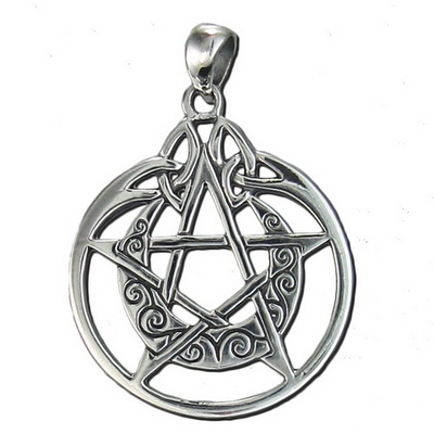 Sterling Silver Crescent Moon Pentacle Circle Pendant