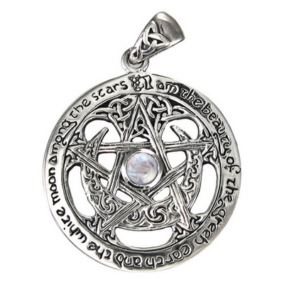 Sterling Silver Extra Large Cut Out Moon Pentacle Pendant with Rainbow Moonstone