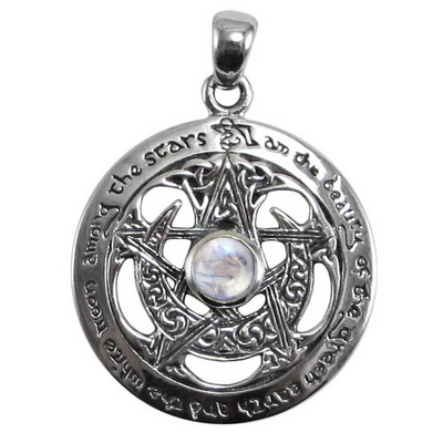 Sterling Silver Large Cut Out Moon Pentacle Pendant with Rainbow Moonstone