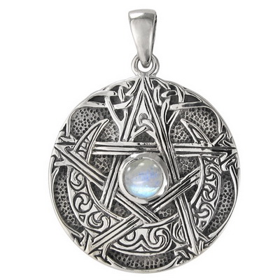 Sterling Silver Large Moon Pentacle Pendant with Rainbow Moonstone