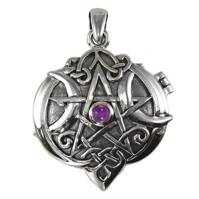 Sterling Silver Heart Pentacle Locket with Amethyst